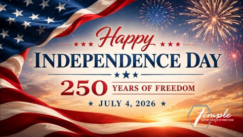 Happy Independence Day 250 Years of Freedom July 4, 2026 with flag and fireworks design elements